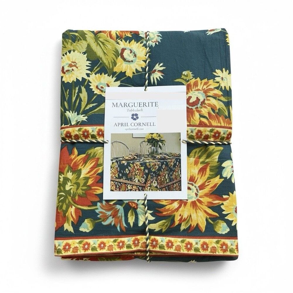 April Cornell Marguerite Floral Tablecloth 70 inch Round Navy Yellow Cottage New
